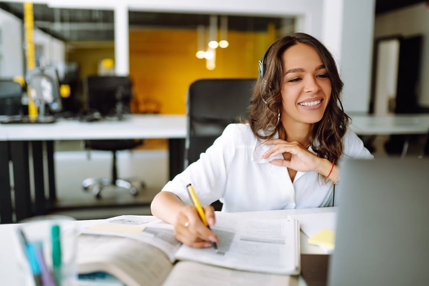 woman student wear wireless headphone study online