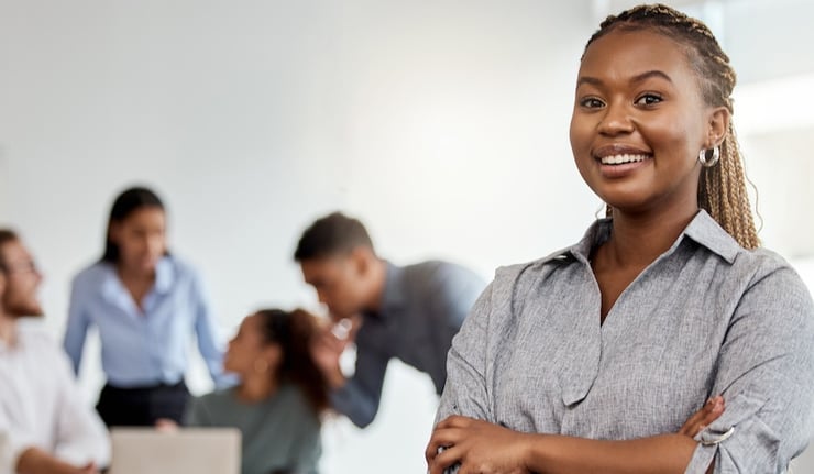 Portrait, leadership and arms crossed with a business black woman in the office for a strategy meeting.