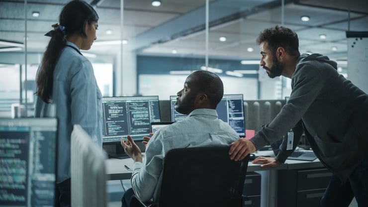 Diverse Group of Energetic Professionals Team Meeting in Modern Office: Brainstorming IT Programmers Use Computer, Talk Strategy, Discuss Analysis.