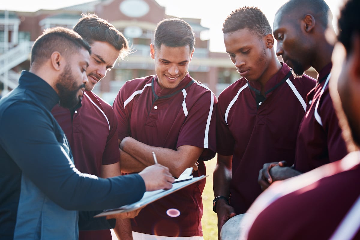 Rugby team, people and coaching for field strategy, checklist and training progress, teamwork and planning game.