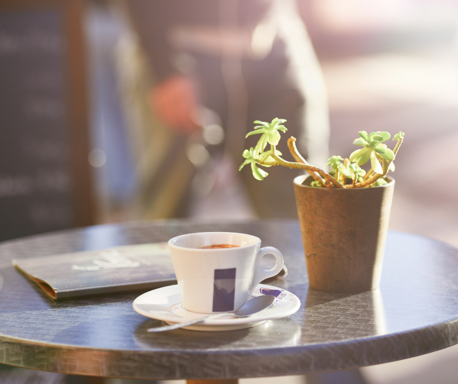 cup of tea and succulent on table