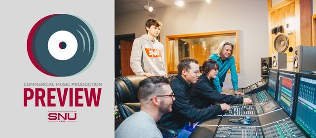 Commercial Music Production Preview Day at SNU. Image shows students and faculty member gathering around a music mixing station